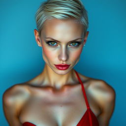 A striking portrait of a skinny, sexy Russian woman with white skin and short blonde hair