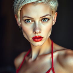 A striking portrait of a skinny, sexy Russian woman with white skin and short blonde hair
