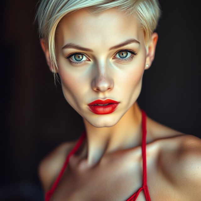 A striking portrait of a skinny, sexy Russian woman with white skin and short blonde hair