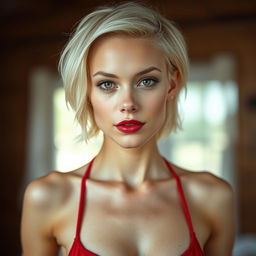 A striking portrait of a skinny, sexy Russian woman with white skin and short blonde hair