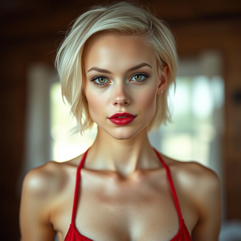 A striking portrait of a skinny, sexy Russian woman with white skin and short blonde hair