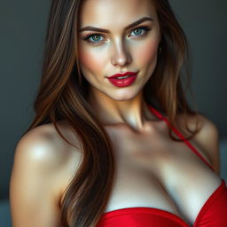 A stunning portrait of a shiny, sexy Russian woman with white skin and long brown hair