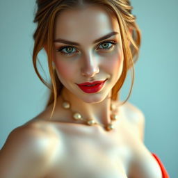 A stunning portrait of a shiny Russian woman with white skin and long brown hair
