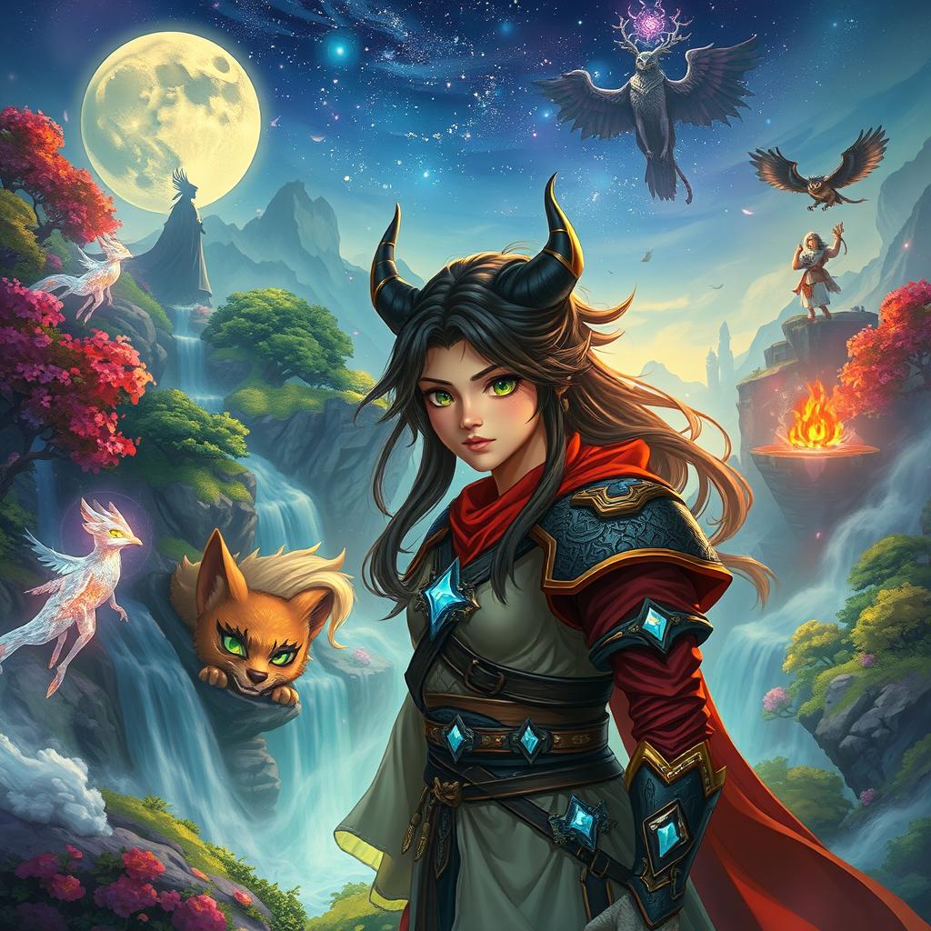 A captivating fantasy scene depicting Miuko, a young warrior cursed to become a demon, journeying through a mystical world filled with ethereal spirits and ancient gods