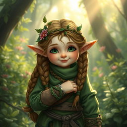 A halfling druid, featuring green earthy tones in their clothing and accessories