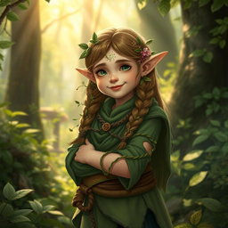 A halfling druid, featuring green earthy tones in their clothing and accessories