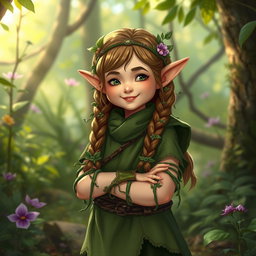 A halfling druid, featuring green earthy tones in their clothing and accessories