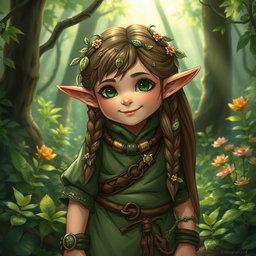 A halfling druid, featuring green earthy tones in their clothing and accessories