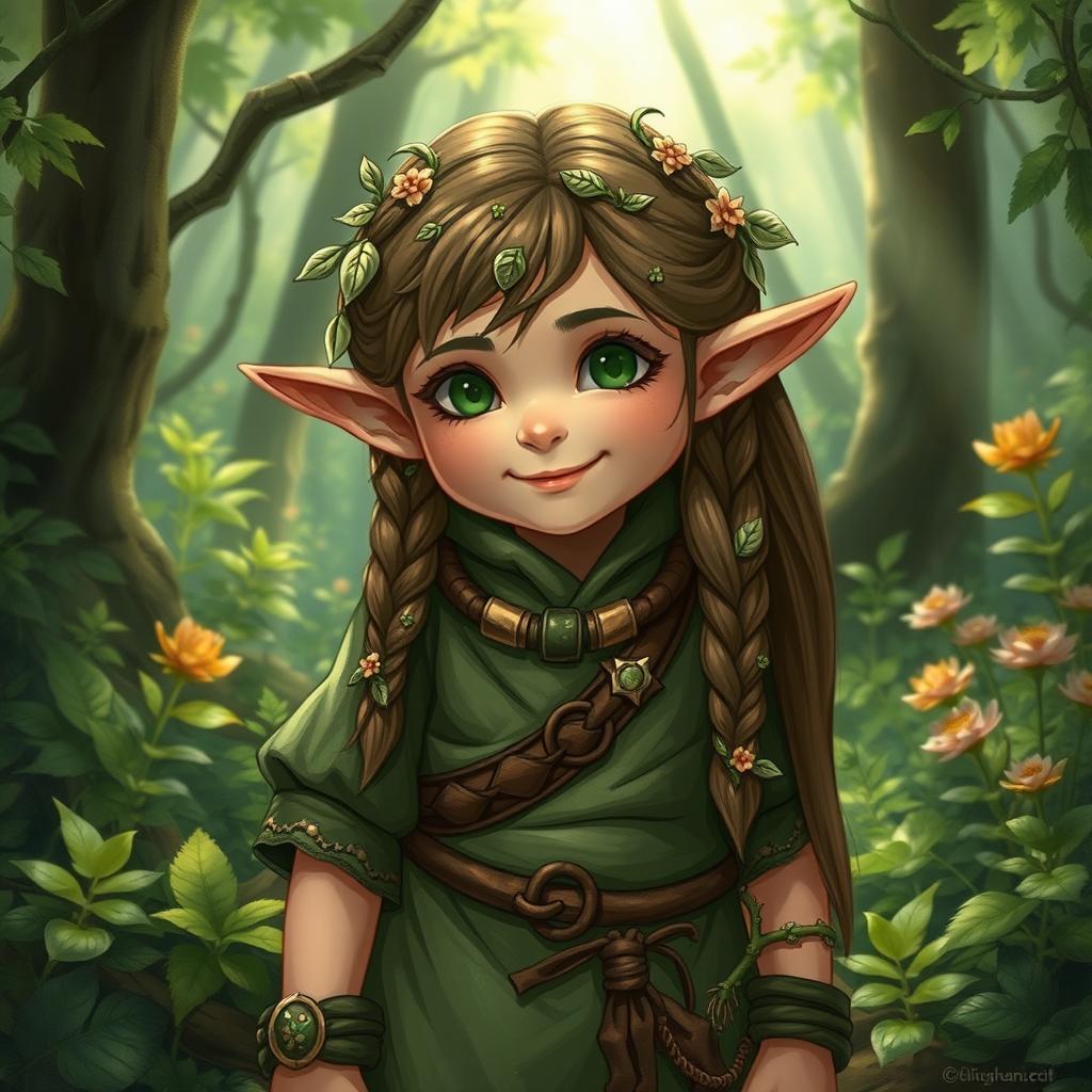 A halfling druid, featuring green earthy tones in their clothing and accessories