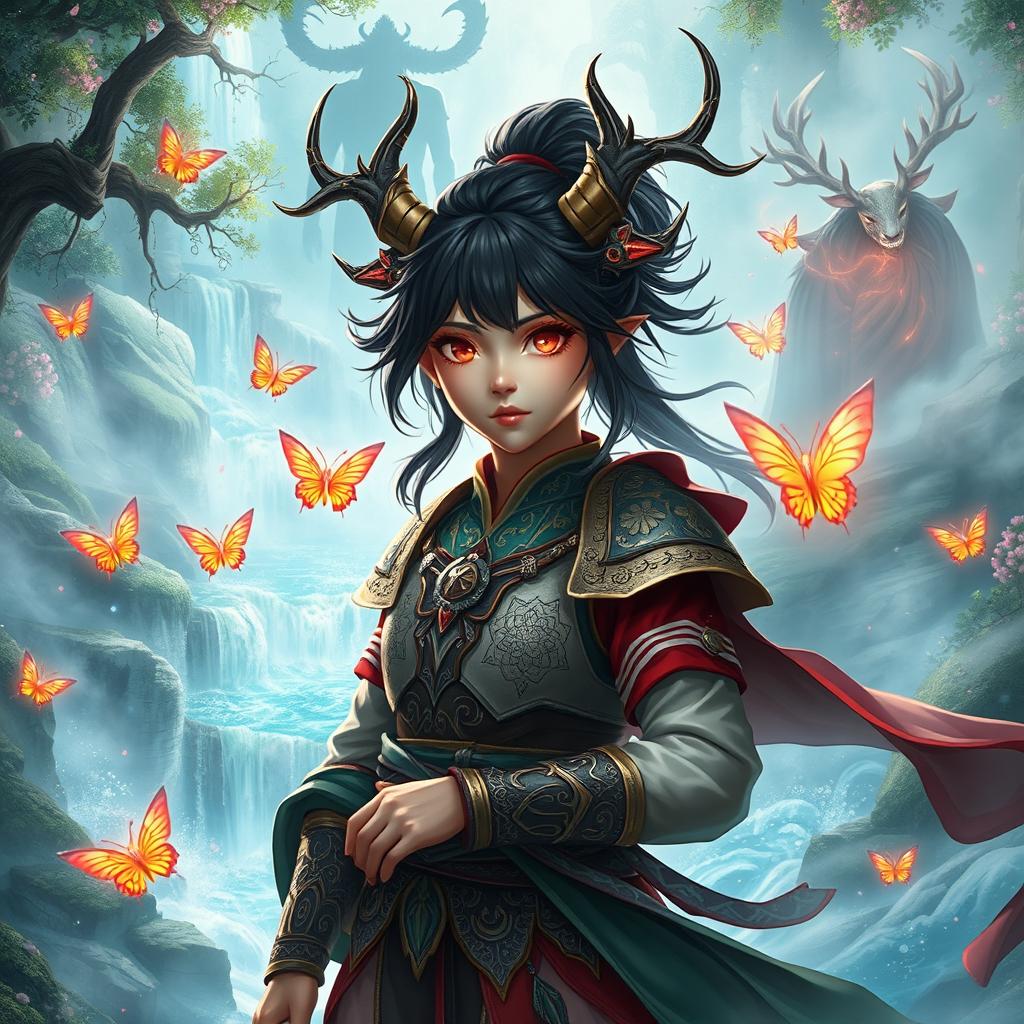 An enchanting fantasy scene featuring Miuko, a young heroine cursed to become a demon, bravely navigating a vivid world of spirits and gods on her quest to break the curse