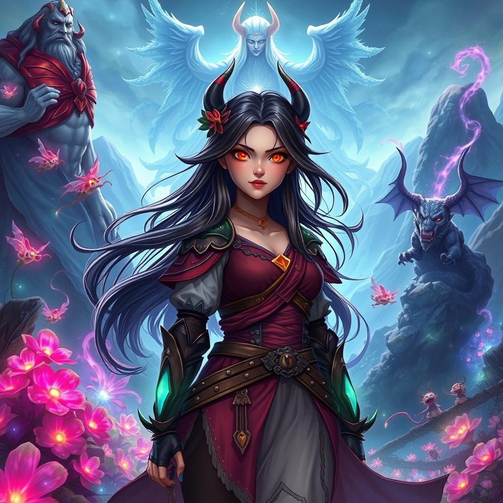 An epic fantasy scene showcasing Miuko, a determined young woman cursed to become a demon, as she embarks on a perilous journey through an enchanting world filled with spirits and ancient gods