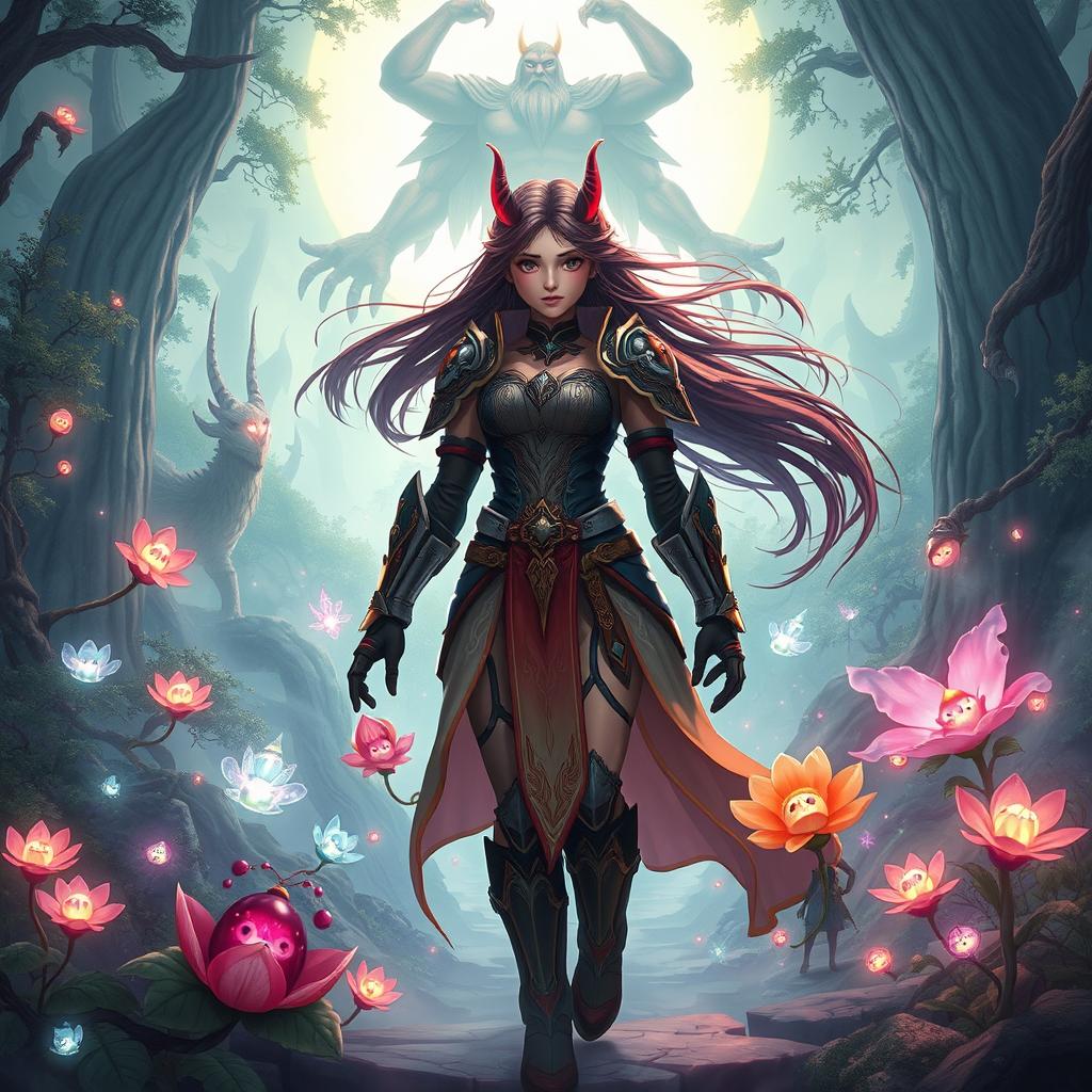 An enthralling fantasy scene featuring Miuko, a brave young woman cursed to become a demon, embarking on a perilous journey through a mesmerizing world filled with spirits and gods in order to break her curse