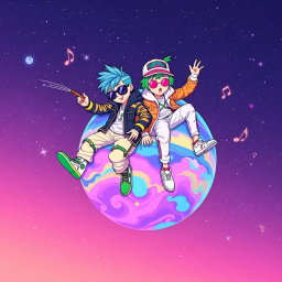 A vibrant space-themed music cover featuring two stylish characters with an urban drip aesthetic, floating in space around a colorful planet