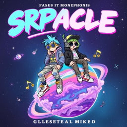 A vibrant space-themed music cover featuring two stylish characters with an urban drip aesthetic, floating in space around a colorful planet