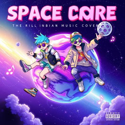 A vibrant space-themed music cover featuring two stylish characters with an urban drip aesthetic, floating in space around a colorful planet