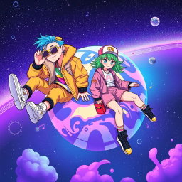 A vibrant space-themed music cover featuring two stylish characters with an urban drip aesthetic, floating in space around a colorful planet