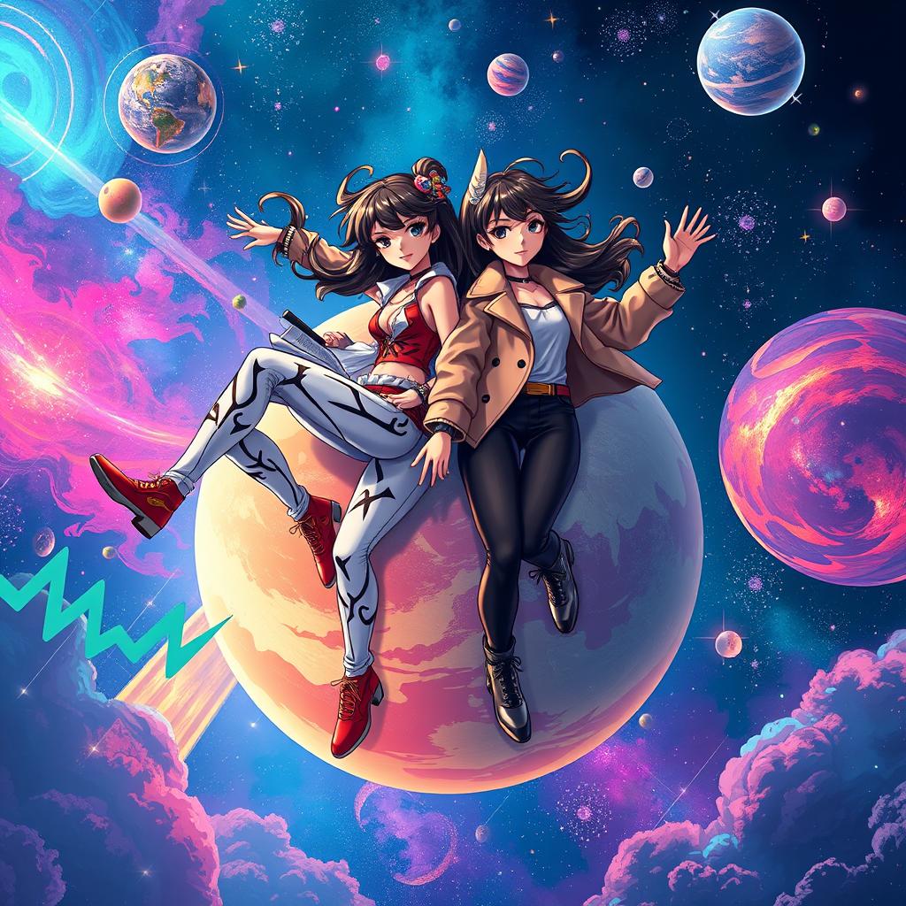 A captivating music cover design featuring two stylish brunette characters with a drip fashion aesthetic, floating gracefully around a colorful, imaginative planet in a space-themed environment