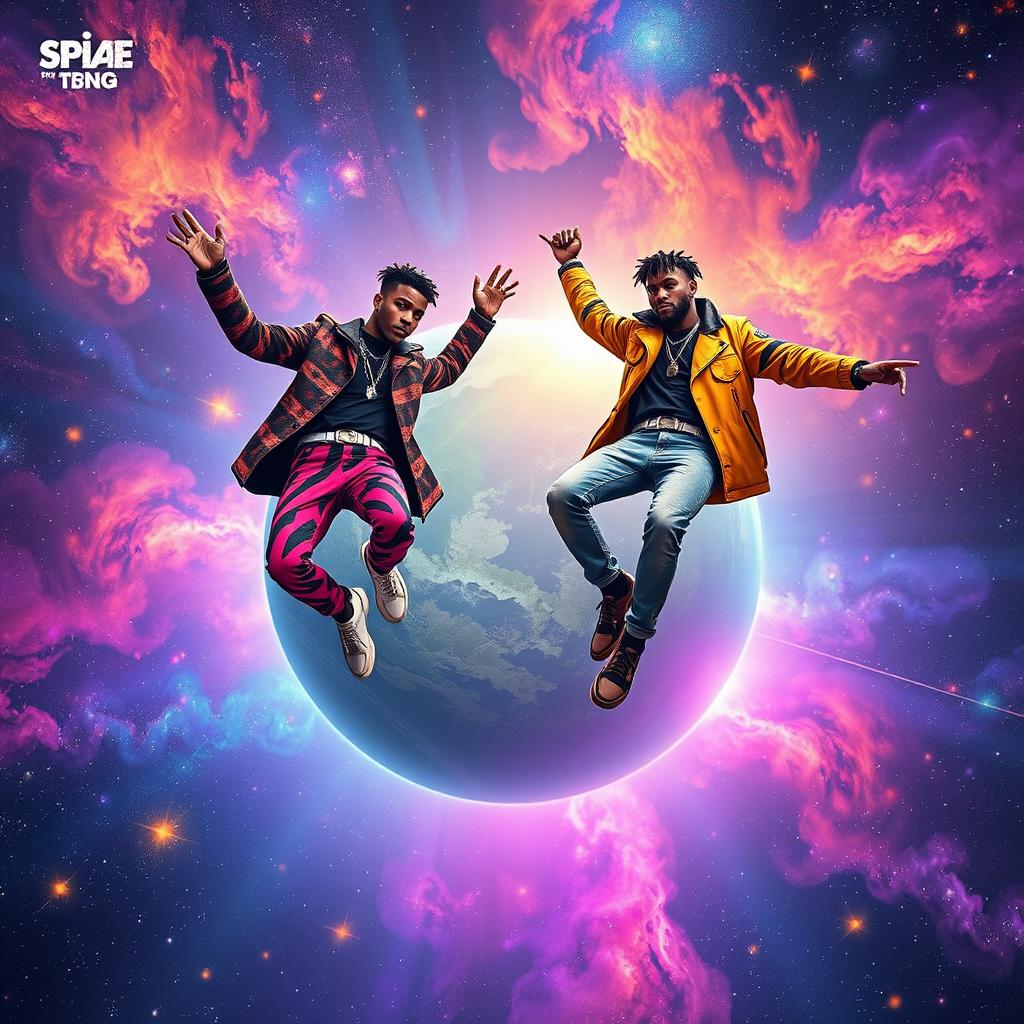 A striking space-themed music cover featuring two stylish black male characters with a drip fashion aesthetic, effortlessly floating around a vibrant and fantastical planet
