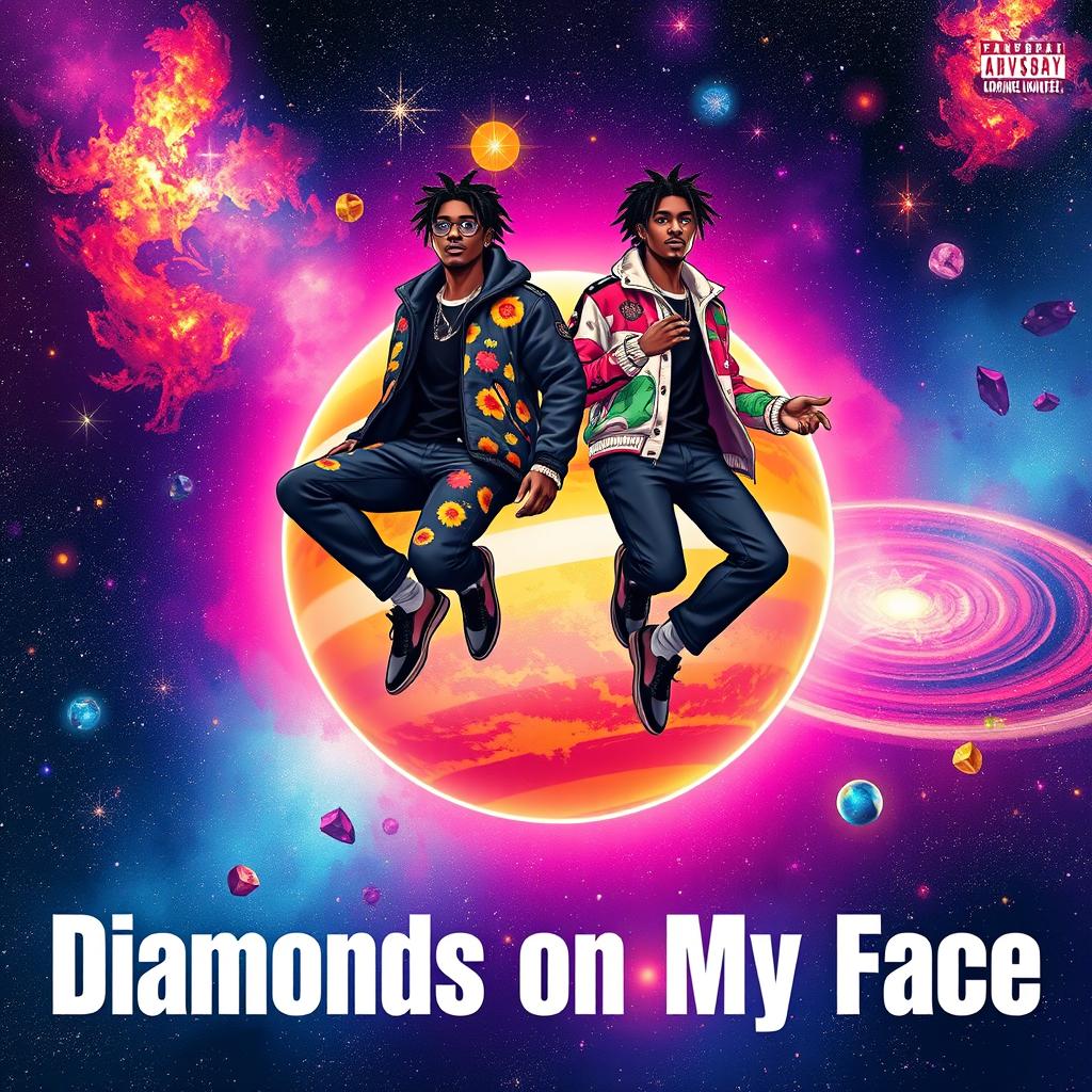 A vibrant space-themed music cover featuring two stylish black male characters with a drip USA aesthetic, floating effortlessly around a striking and colorful planet