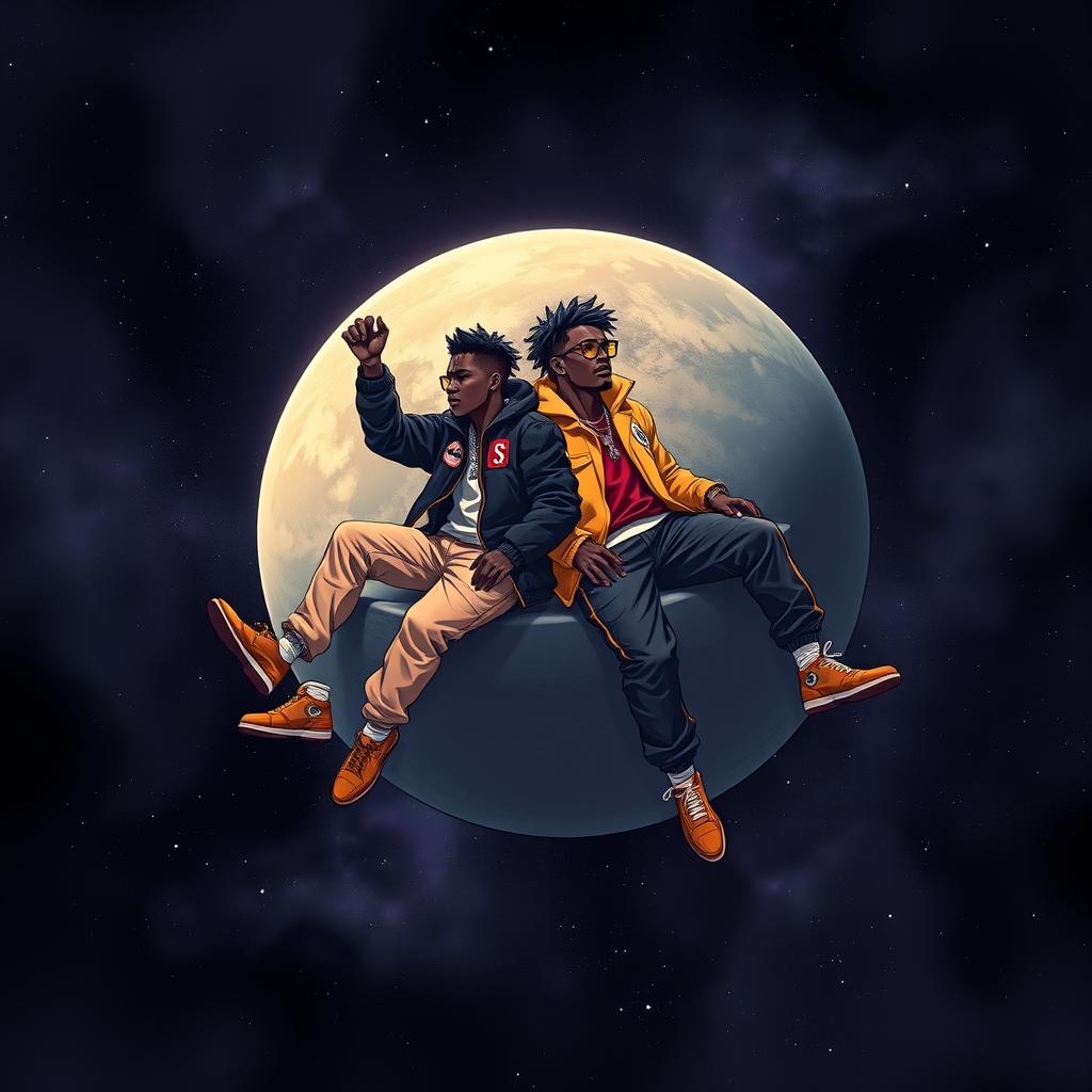 A striking space-themed music cover featuring two black male characters with a drip USA aesthetic, floating around a planet in a slightly dark and moody atmosphere