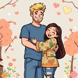 A charming retro pixel art representation of a cute couple sharing a loving hug