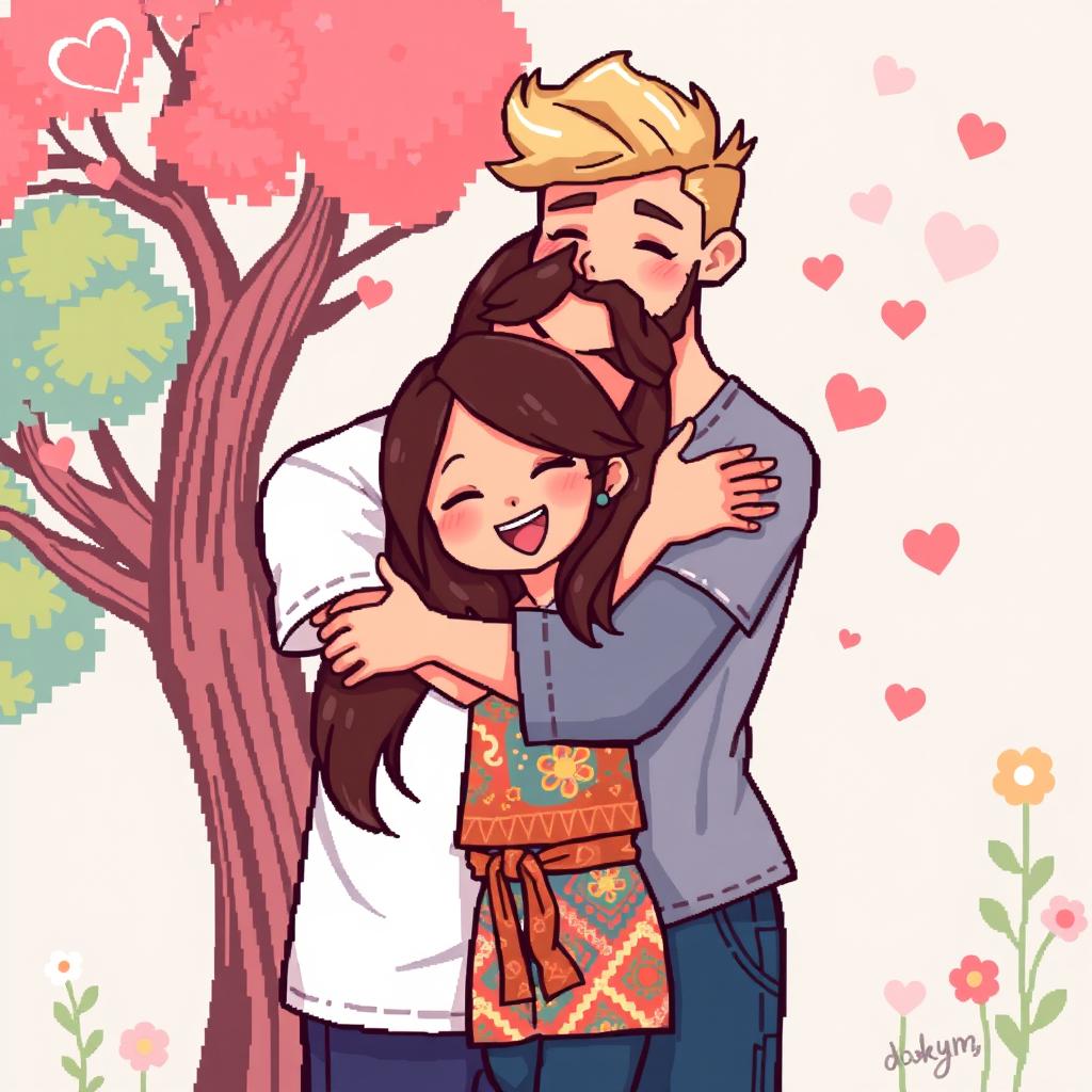 A charming retro pixel art representation of a cute couple sharing a loving hug
