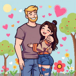 A charming retro pixel art representation of a cute couple sharing a loving hug