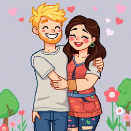 A charming retro pixel art representation of a cute couple sharing a loving hug