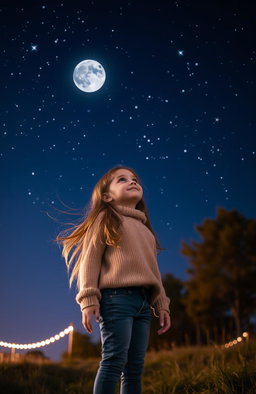 A young girl standing in a serene night scene, gazing up at a sky filled with twinkling stars