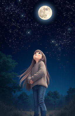 A young girl standing in a serene night scene, gazing up at a sky filled with twinkling stars