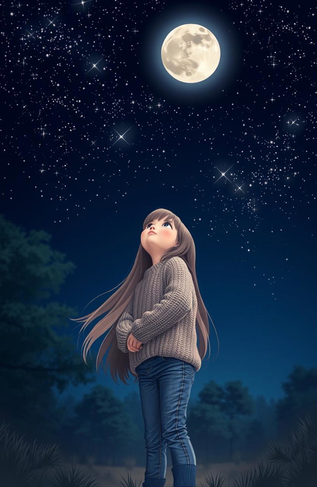 A young girl standing in a serene night scene, gazing up at a sky filled with twinkling stars