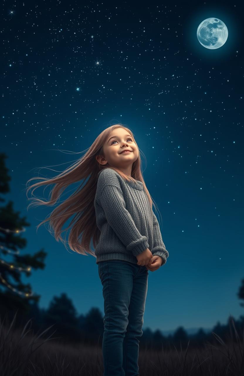 A young girl standing in a serene night scene, gazing up at a sky filled with twinkling stars