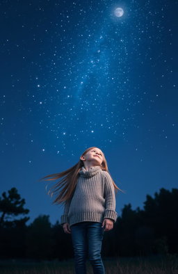 A young girl standing in a serene night scene, gazing up at a sky filled with twinkling stars