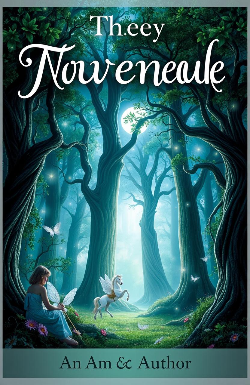 A captivating novel cover design for an A5-sized book, featuring an enchanting forest scene illuminated by ethereal moonlight