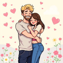 An adorable retro pixel art illustration of a couple enjoying a loving hug
