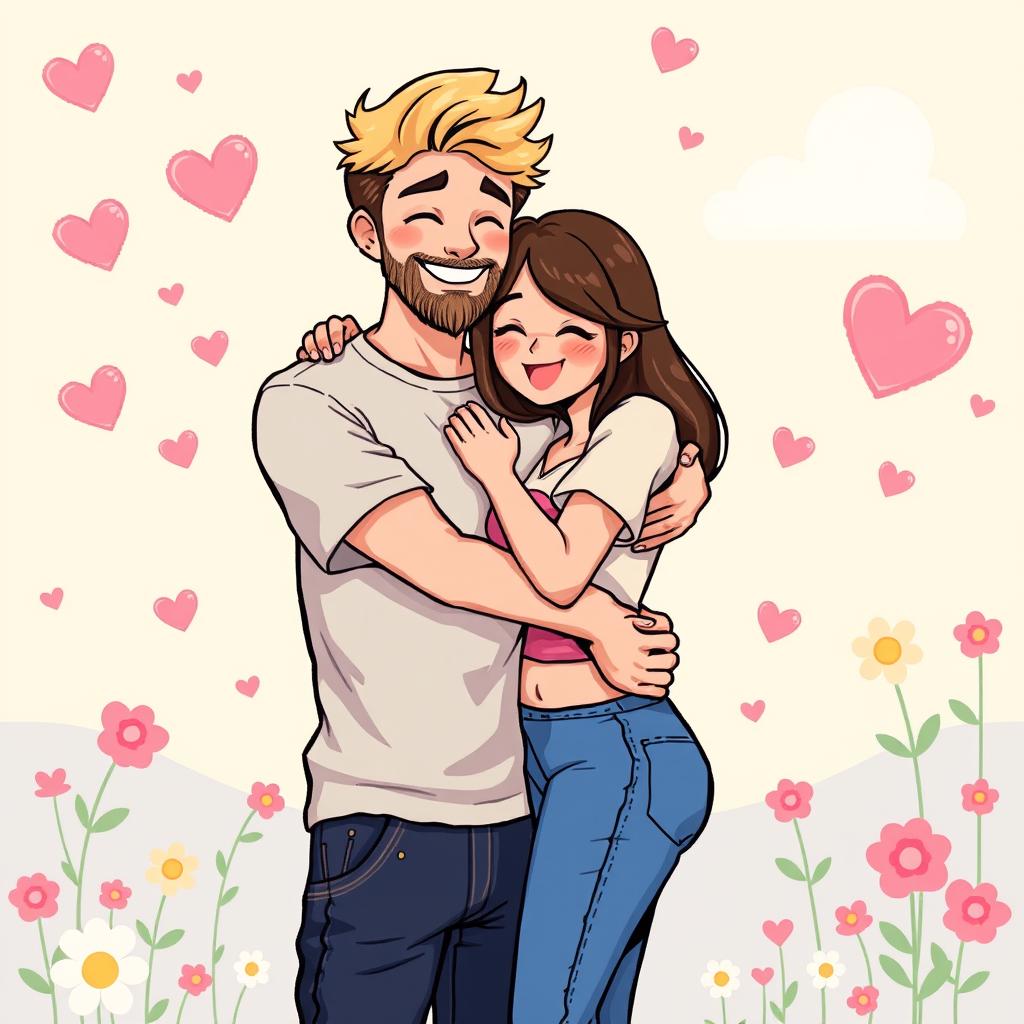 An adorable retro pixel art illustration of a couple enjoying a loving hug