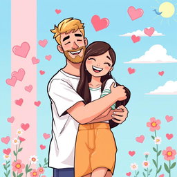 An adorable retro pixel art illustration of a couple enjoying a loving hug