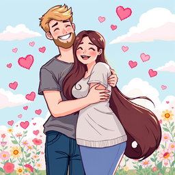 An adorable retro pixel art illustration of a couple enjoying a loving hug