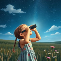 A young girl gazing up at a starry night sky, using a pair of binoculars