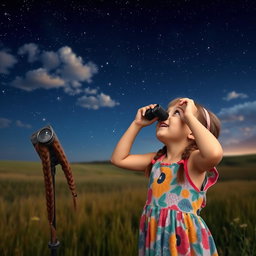 A young girl gazing up at a starry night sky, using a pair of binoculars