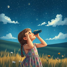 A young girl gazing up at a starry night sky, using a pair of binoculars