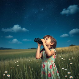 A young girl gazing up at a starry night sky, using a pair of binoculars