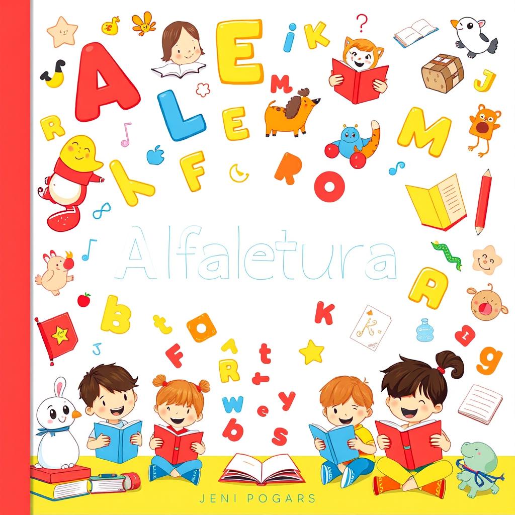 An illustration for a children's educational literacy book cover titled 'Alfaleitura', with the title centrally placed