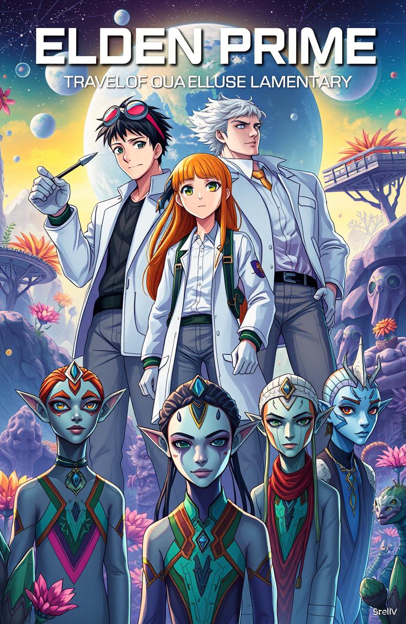 A captivating novel cover depicting three young scientists (two male and one female) who travel to the alien planet Elden Prime in search of a cure for a pandemic affecting Earth