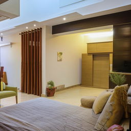 An elegantly designed 1 BHK (Bedroom, Hall, Kitchen) house with modern furniture and a comfortable, warm atmosphere.