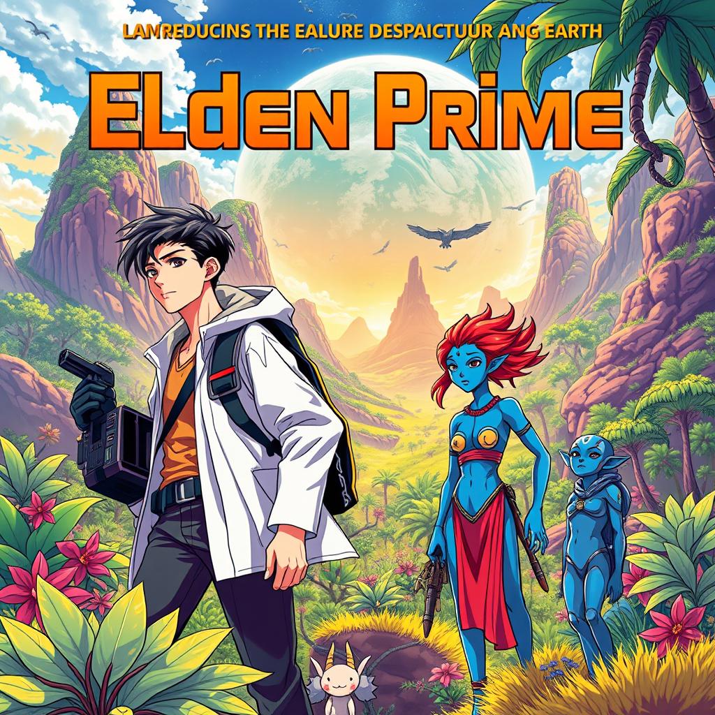A vibrant and dynamic novel cover depicting three young scientists (two males and one female) on the alien planet Elden Prime
