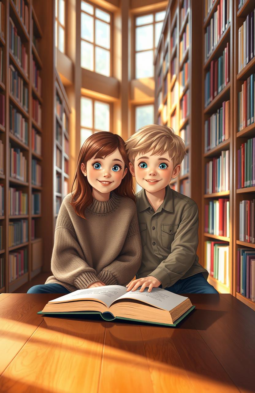 A girl with chestnut brown hair and bright blue eyes, and a boy with blonde hair and hazel eyes, sitting together in a cozy library surrounded by tall wooden bookshelves filled with colorful books