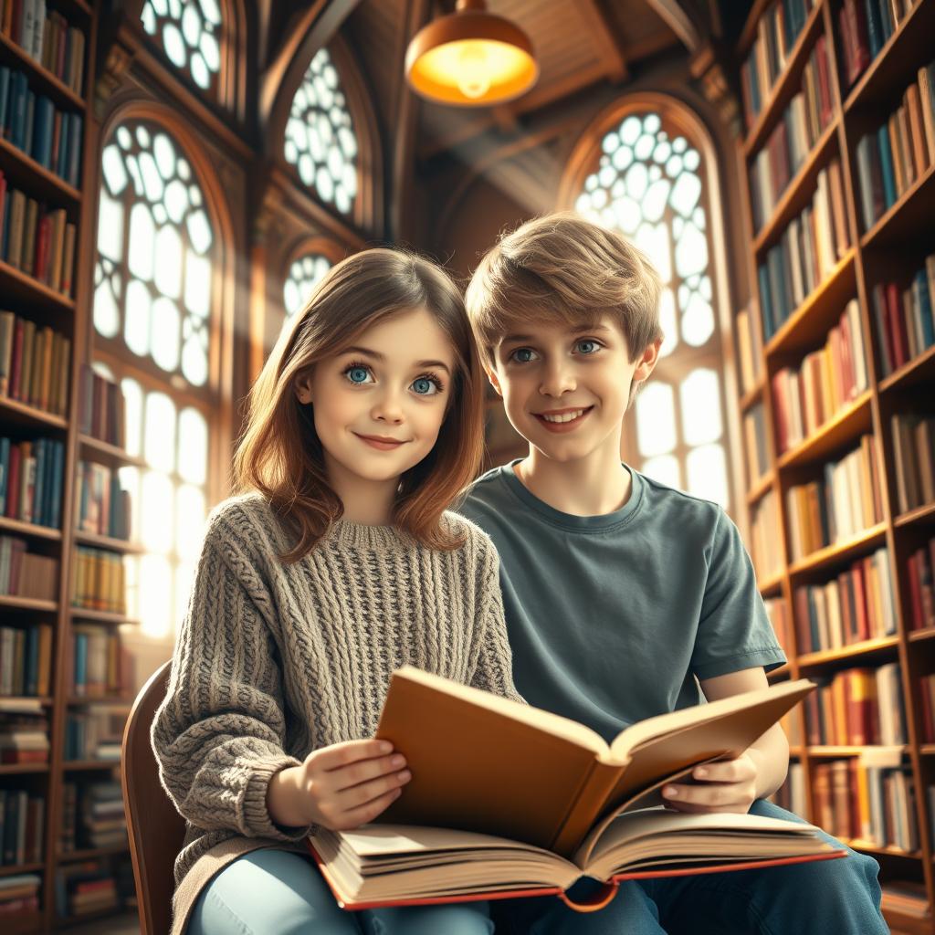 A girl with chestnut brown hair and bright blue eyes, and a boy with blonde hair and hazel eyes, sitting together in a charming library filled with towering shelves of colorful books