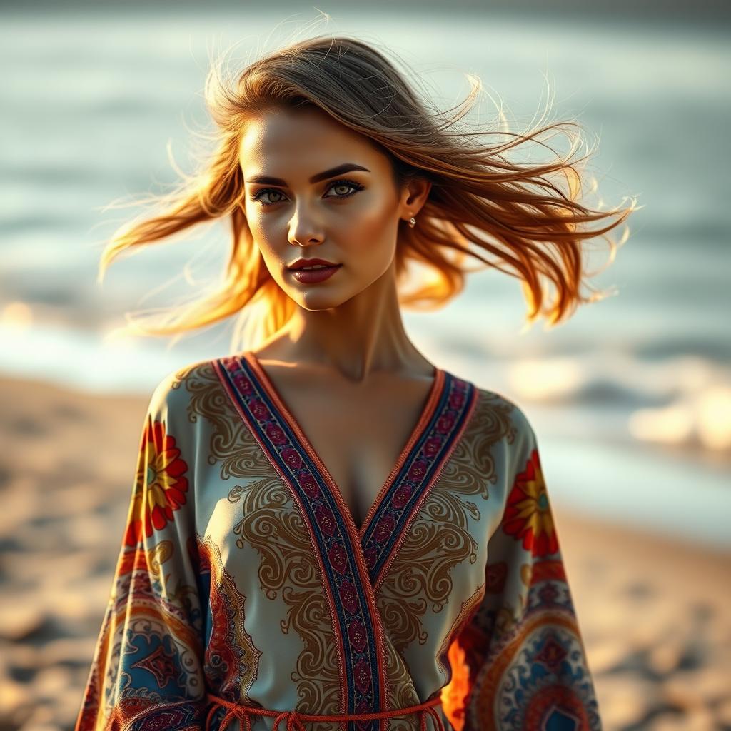 A stunningly attractive woman wearing a stylish and eye-catching langavoni, showcasing vibrant colors and intricate patterns