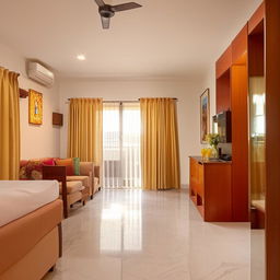 An elegantly designed 1 BHK (Bedroom, Hall, Kitchen) house with modern furniture and a comfortable, warm atmosphere.